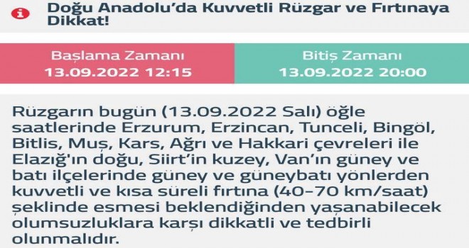 Bitlis’in de İçinde Bulunduğu 12 İl İçin Kuvvetli Rüzgar ve Fırtına Uyarısı Yapıldı