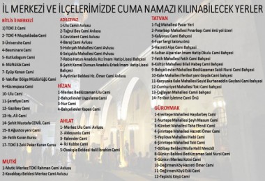Bitlis il merkezi ve ilçelerde Cuma Namazı kılınacak alanlar belirlendi