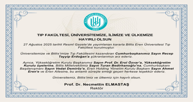 Erdoğan imzaladı, Bitlis Eren Üniversitesi'nde tıp fakültesi kuruldu