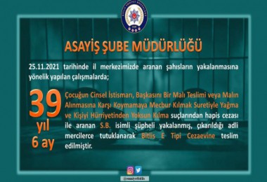 Bitlis’te Hakkında 39 Yıl 6 Ay Hapis Cezası Bulunan Kişi Tutuklandı