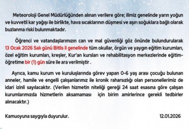 Bitlis'te Eğitime 1 Gün Ara Verildi