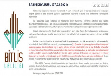 Bitlis Valiliği’nin Okulların Açılmasıyla İlgili Açıklaması
