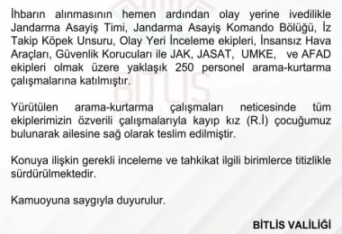 Hizan’da Kaybolan Kız Çocuğu Bulundu